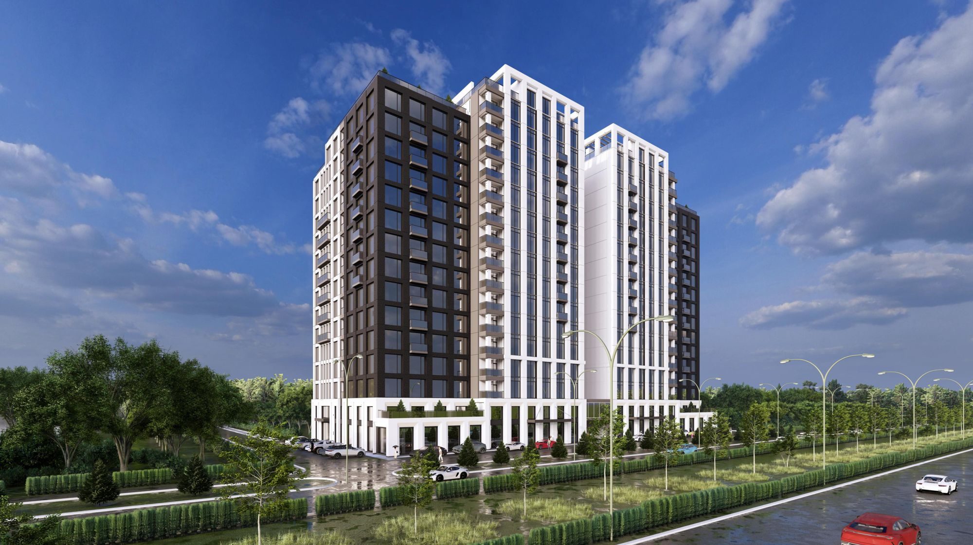 Проектная визуализация комплекса RADIAN GROUP: две башни со светлыми вертикалями фасада, вид со стороны Южной магистрали