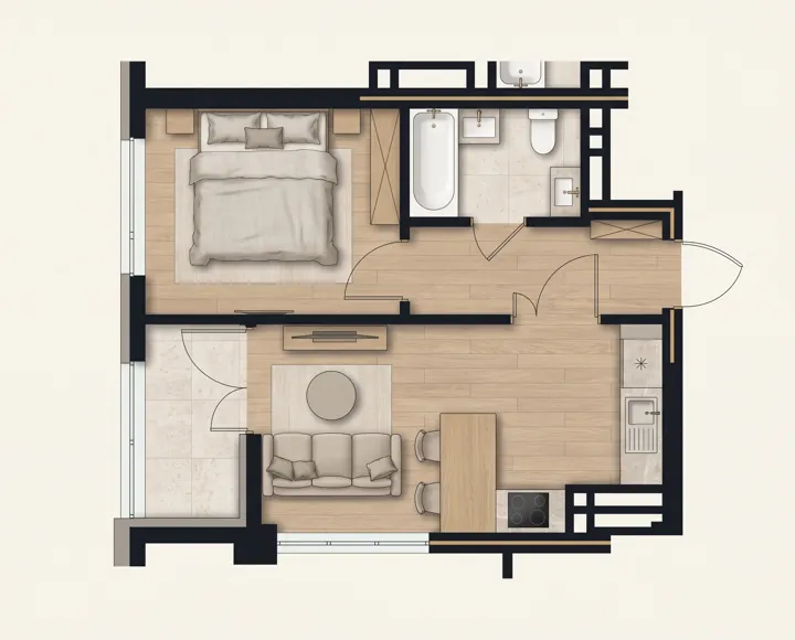 Иллюстрация планировки: 1-комнатная квартира, 39,49 м²