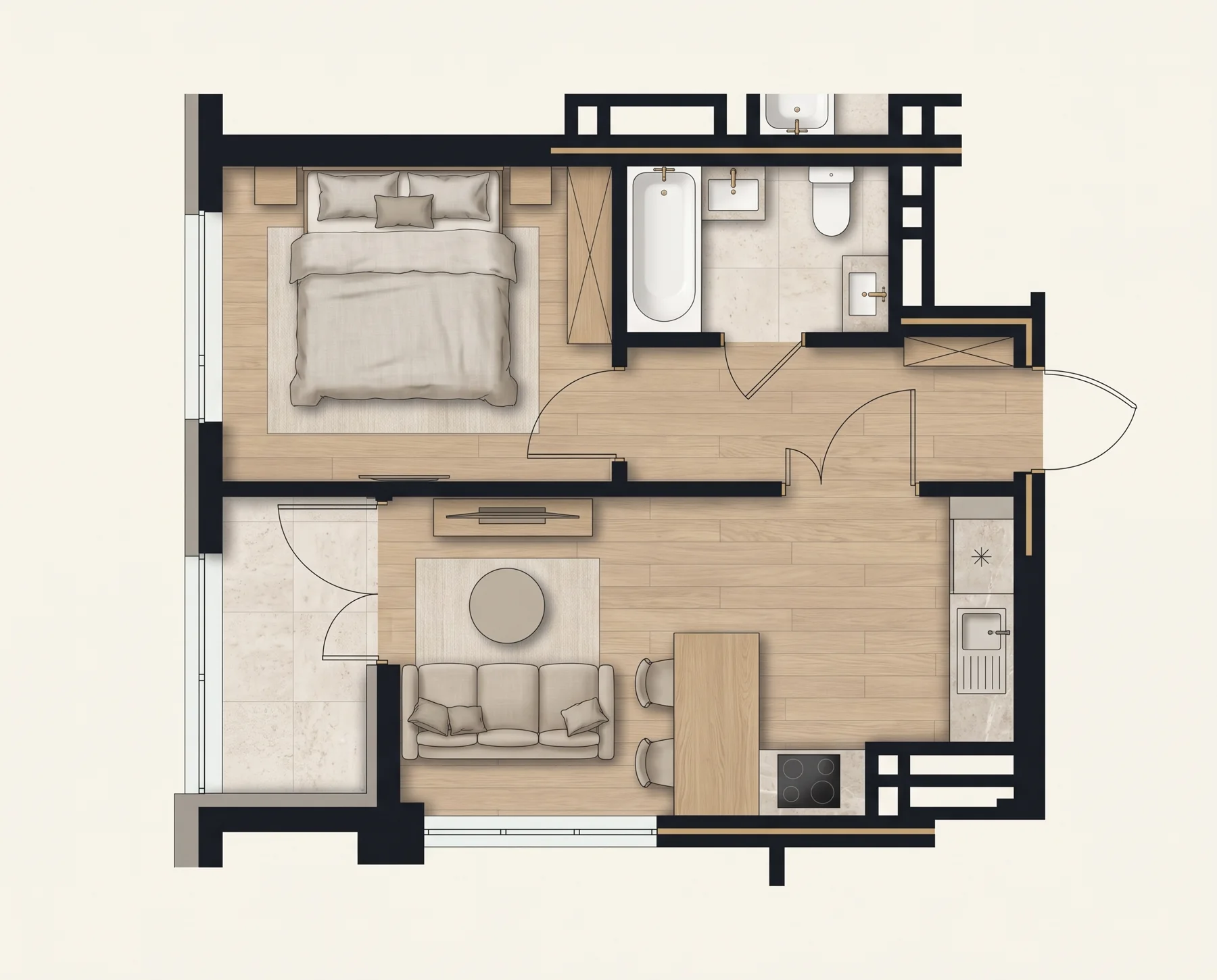 Иллюстрация планировки: 1-комнатная квартира, 39,49 м²