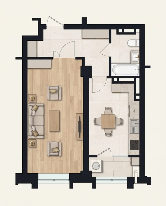 Иллюстрация планировки: 1-комнатная квартира, 48,16 м²