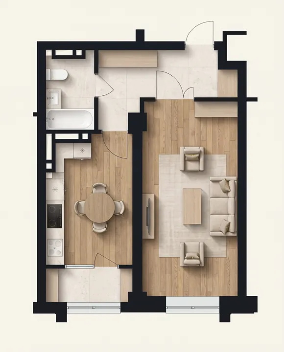 Иллюстрация планировки: 1-комнатная квартира, 48,34 м²