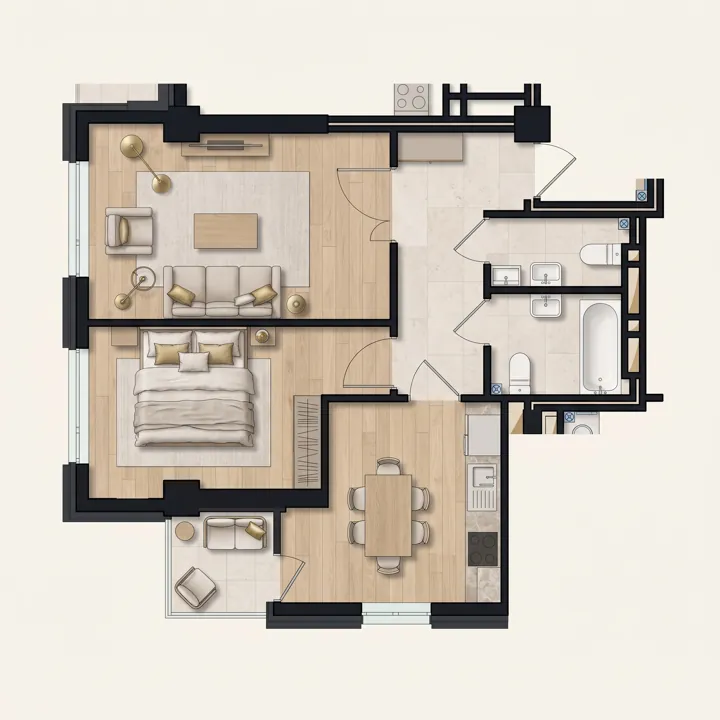 Иллюстрация планировки: 2-комнатная квартира, 56,75 м²