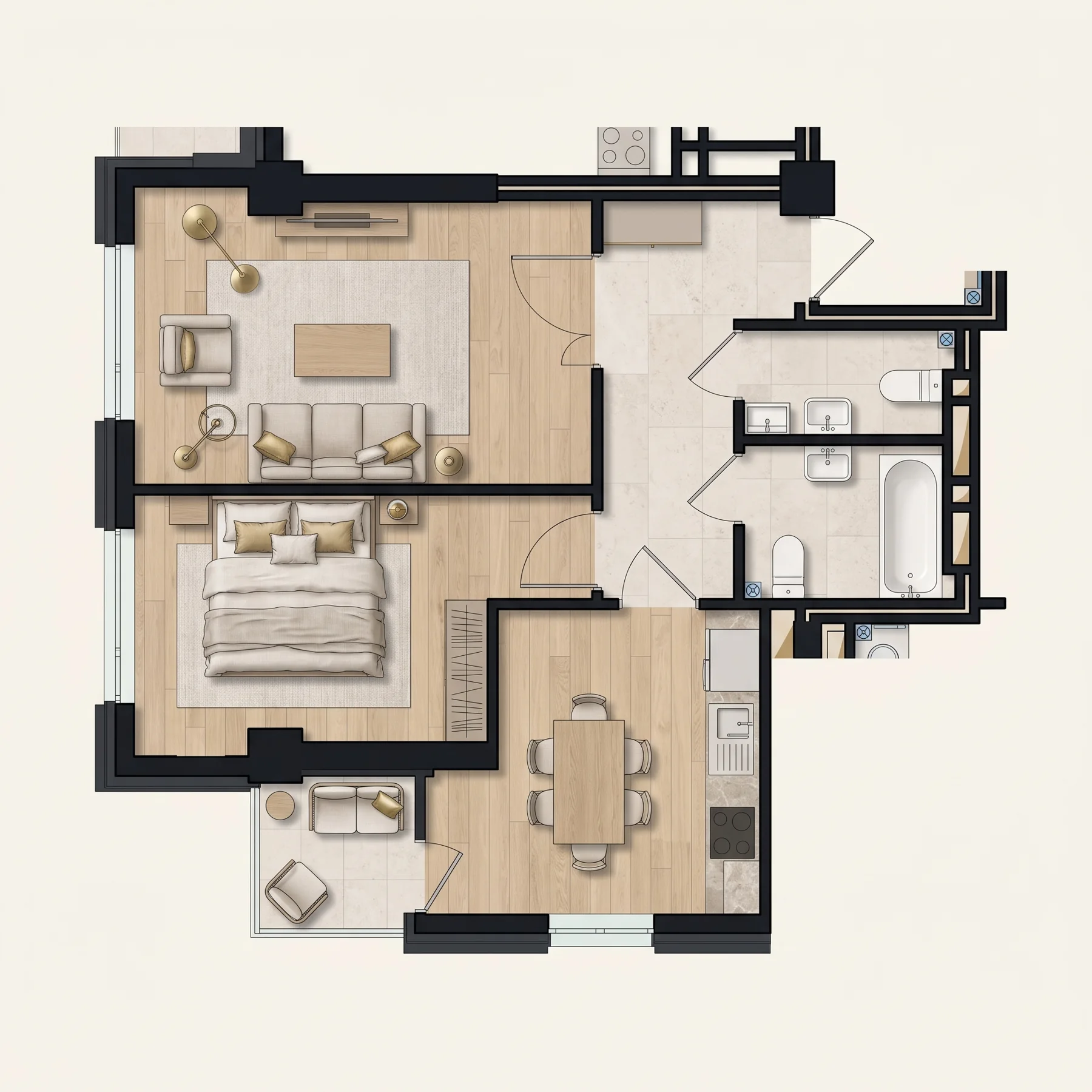 Иллюстрация планировки: 2-комнатная квартира, 56,75 м²