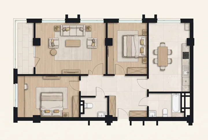 Иллюстрация планировки: 3-комнатная квартира, 104,10 м²