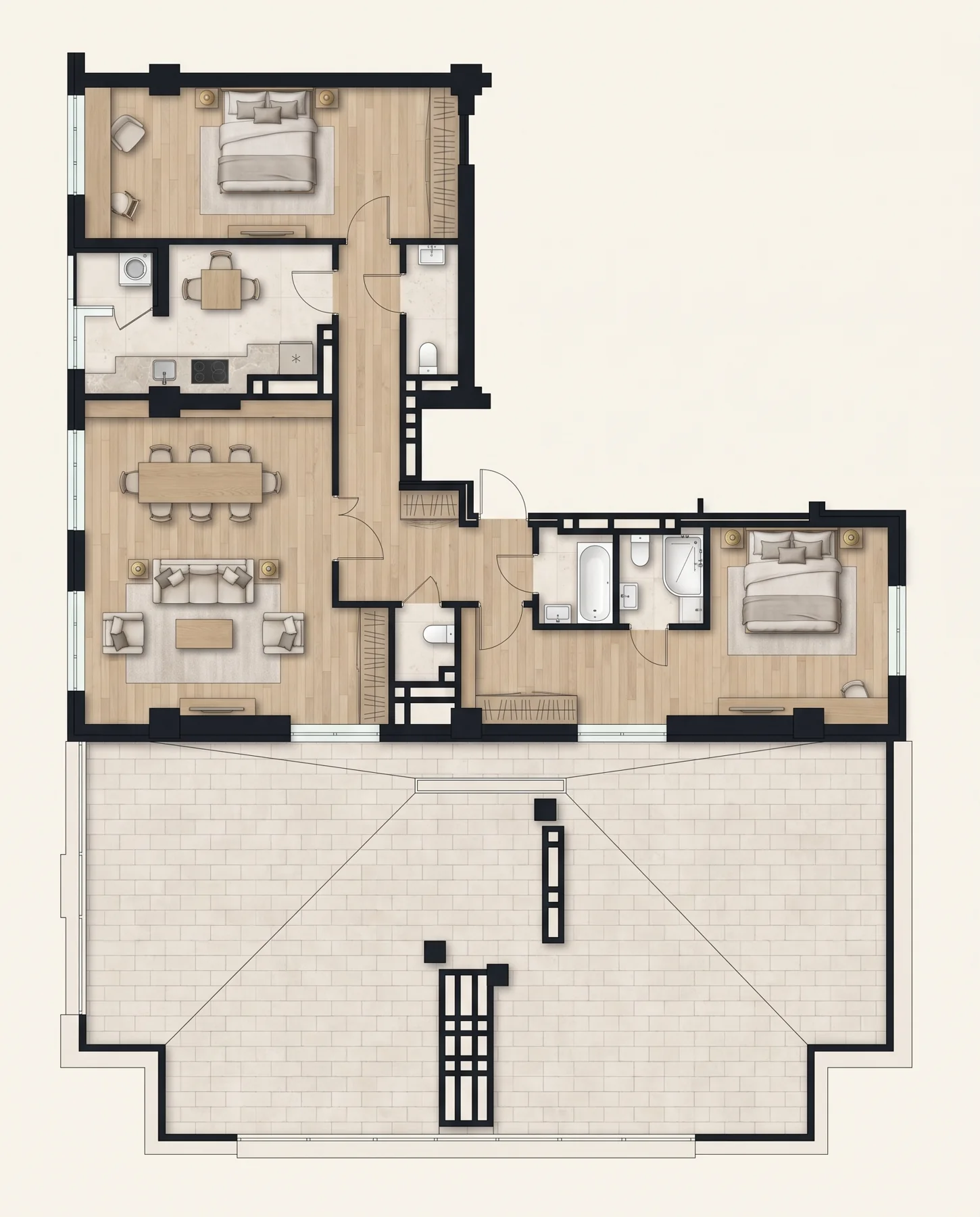 Иллюстрация планировки: 3-комнатная квартира с террасой, 228,06 м²