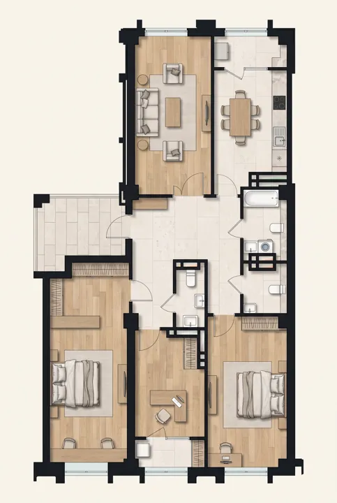 Иллюстрация планировки: 4-комнатная квартира, 128,34 м²