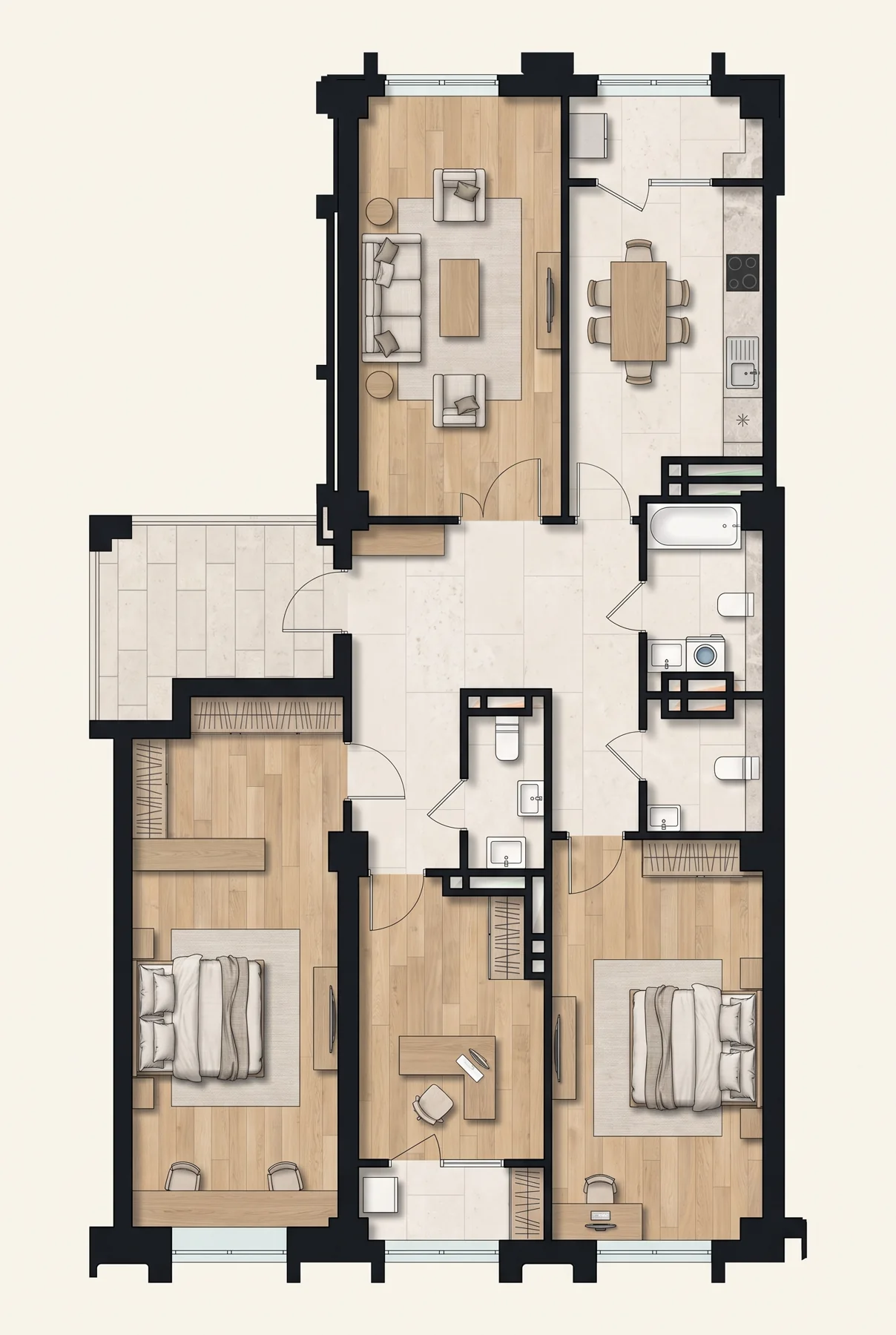 Иллюстрация планировки: 4-комнатная квартира, 128,34 м²
