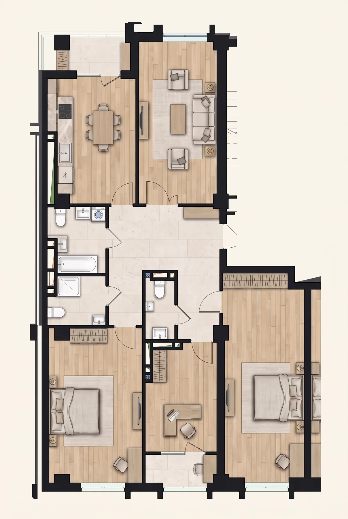 Иллюстрация планировки: 4-комнатная квартира, 136,67 м²
